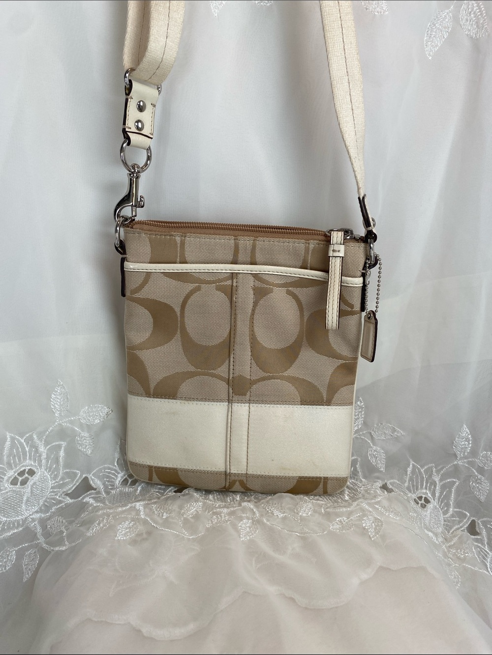 Coach Beige and Cream Signature Swingback Canvas Crossbody
